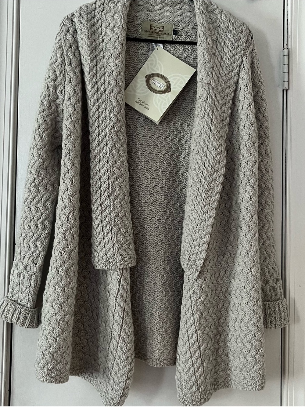 Aran Sweater Market Ireland 100% Virgin Wool Cable Knit Long Cardigan Large